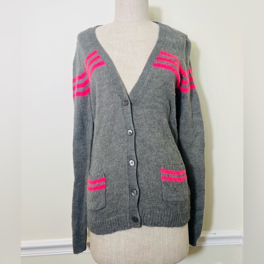 J. Crew Pink Stripe Grey Button Cardigan
